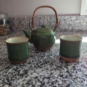 Green Ceramic Teapot with Two Matching Cups - Handled Tea Set